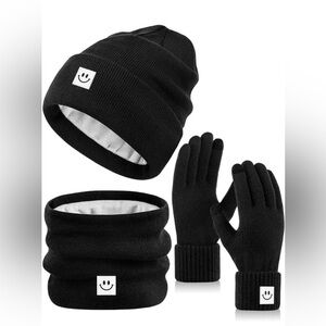 Winter Smiley Face Beanie Hat Scarf Gloves Set